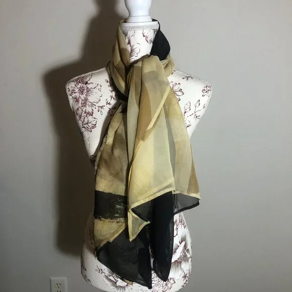 Gottex Sheer Floral Silk Scarf Wrap – Neutral Gold & Black - Picture 4 of 13